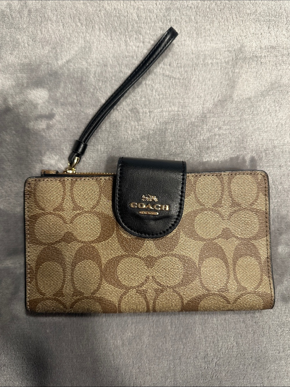 Coach Signature Canvas Wristlet Wallet in Brown and Black Trim